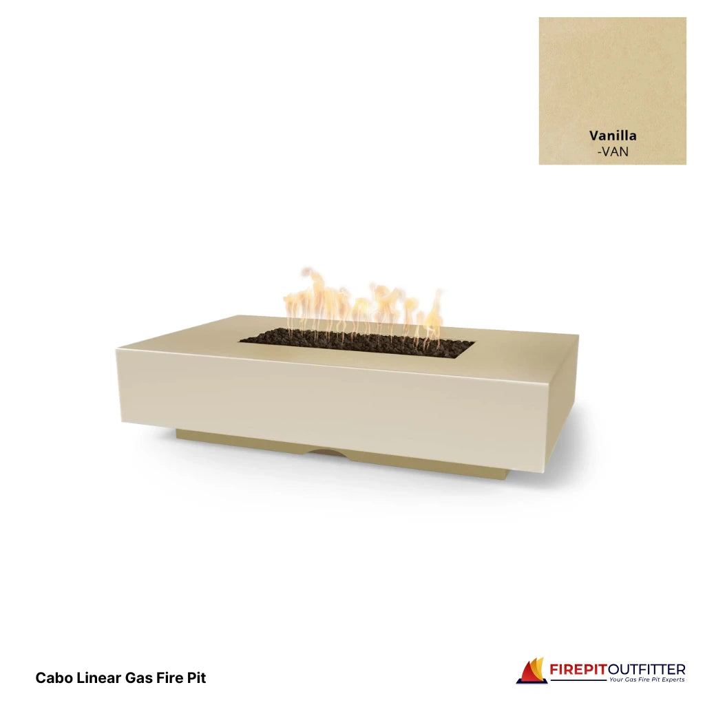 Cabo linear rectangular gas fire pit in vanilla concrete finish.