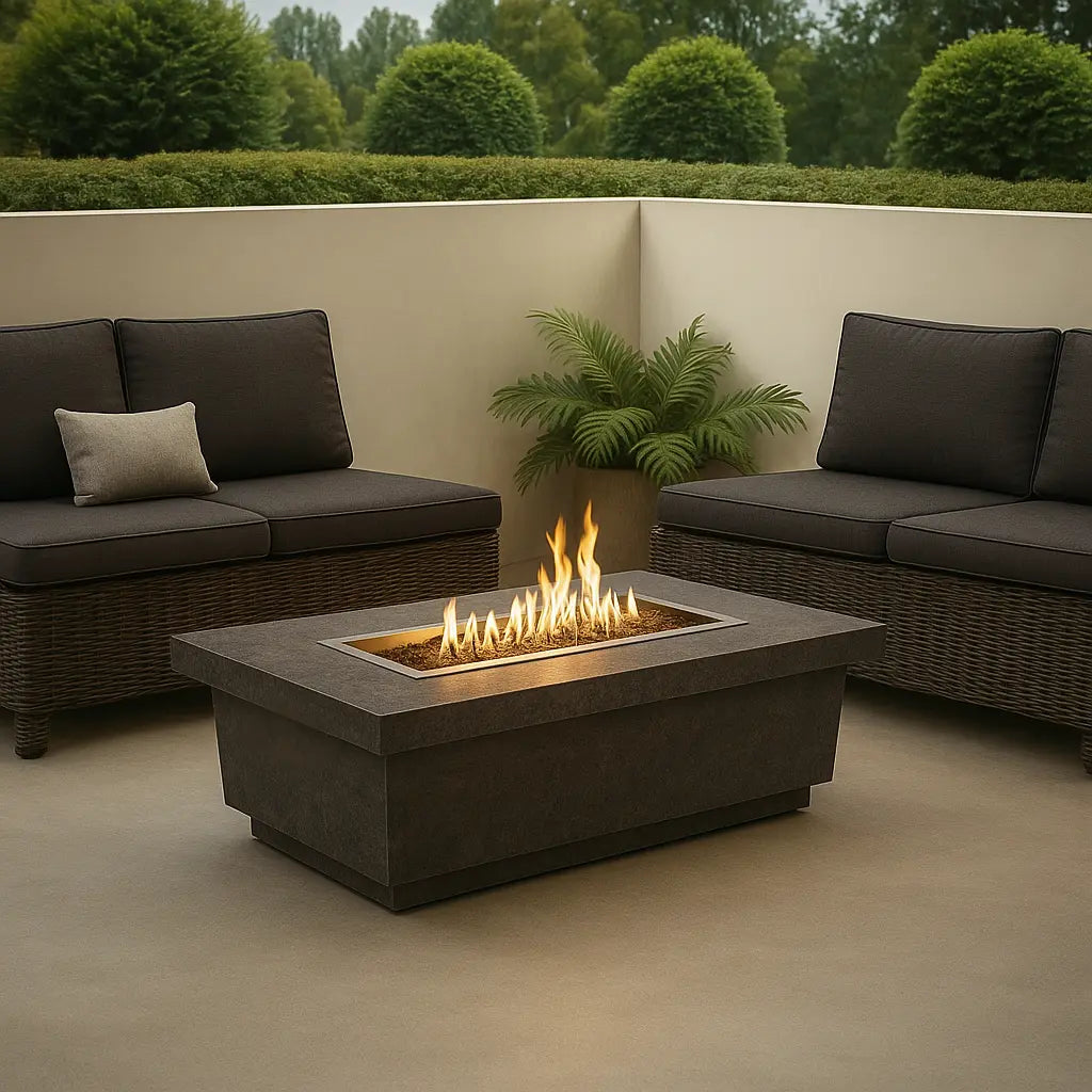 Contempo rectangular fire pit in dark basalt concrete finish in a ultra modern backyard.