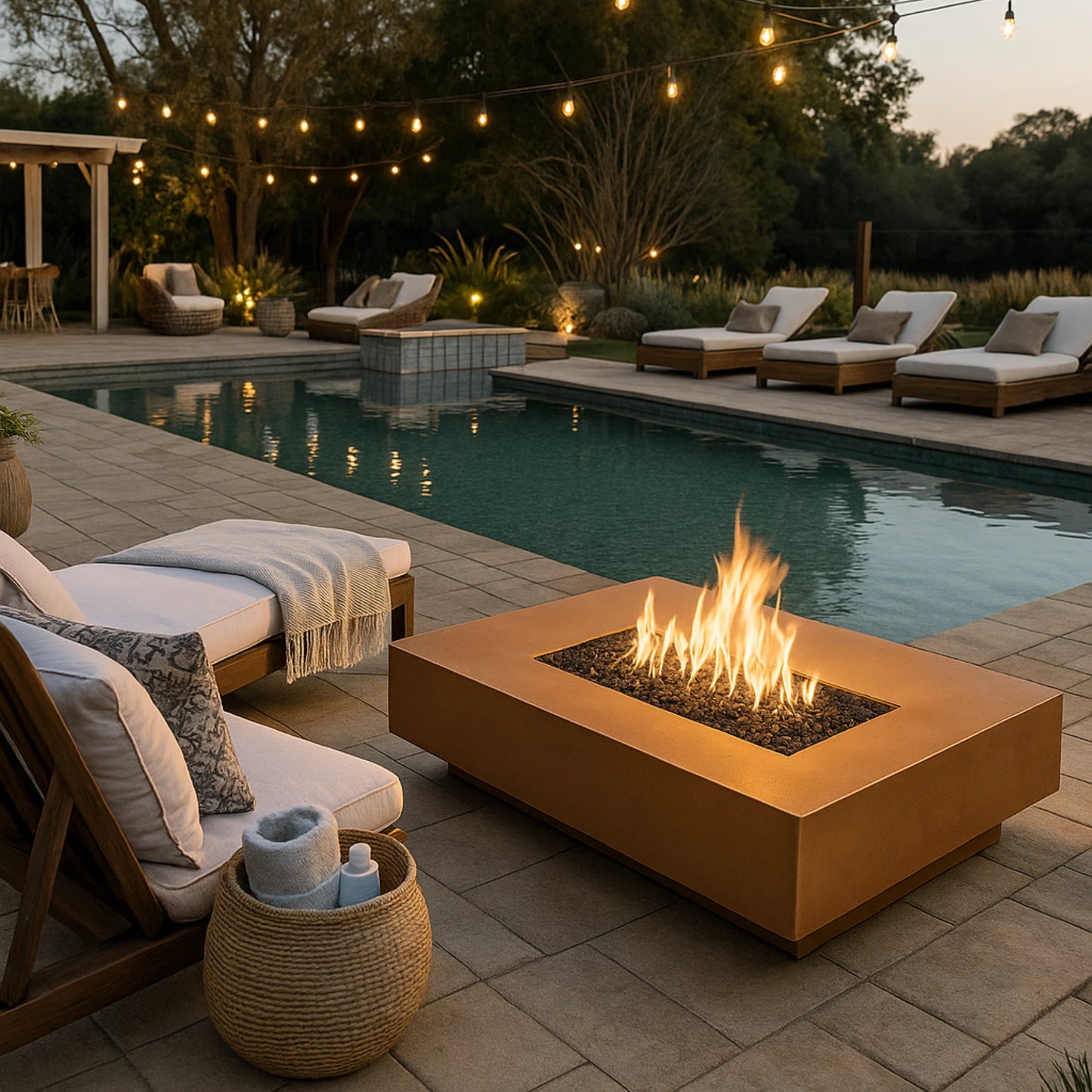 Cabo linear rectangular gas fire pit in metallic copper concrete finish in a modern backyard near pool.