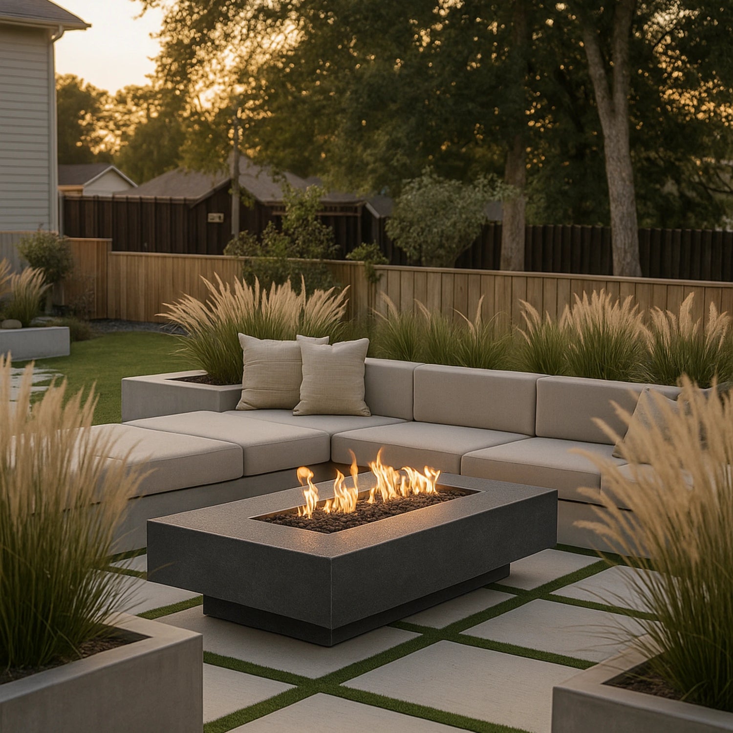 Cabo linear gas fire pit in metallic slate finish  a modern suburban backyard.