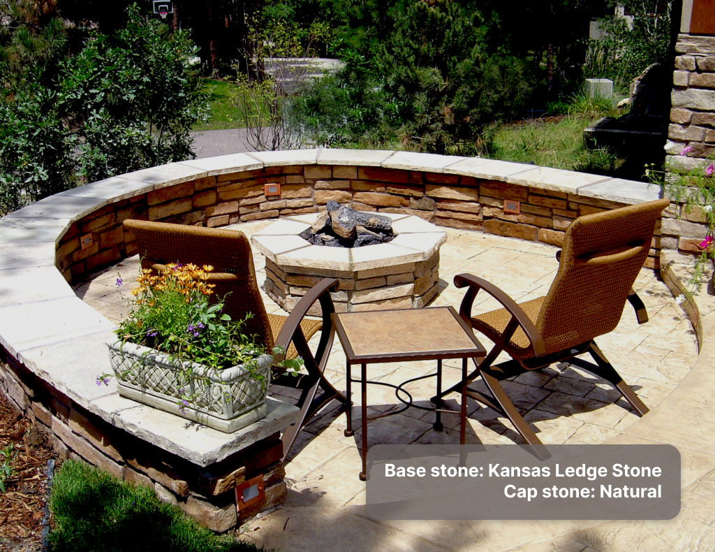 Custom stone fire pit with "Kansas Ledge" base & "Natural" Cap stones