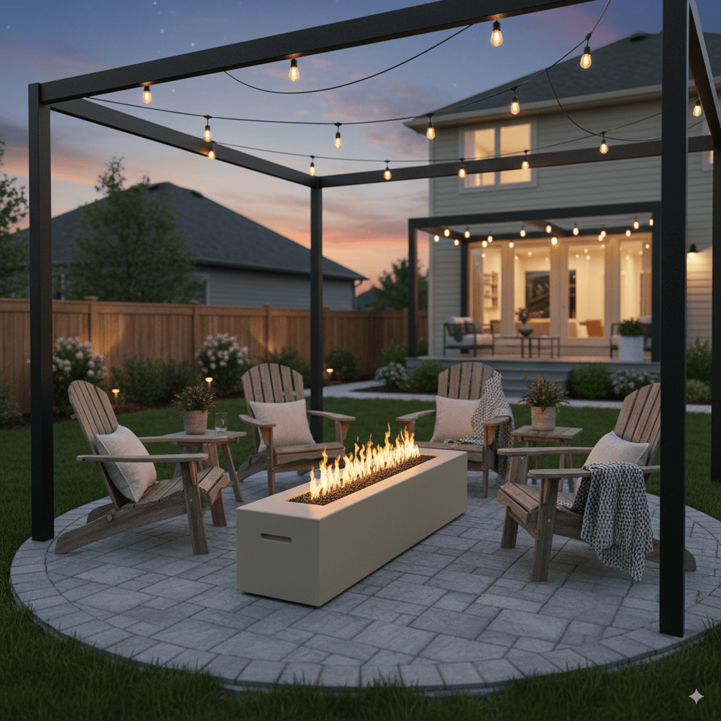 Outdoor patio with 72″ Carmen Rectangle Gas fire pit, chairs, and string lights during sunset.