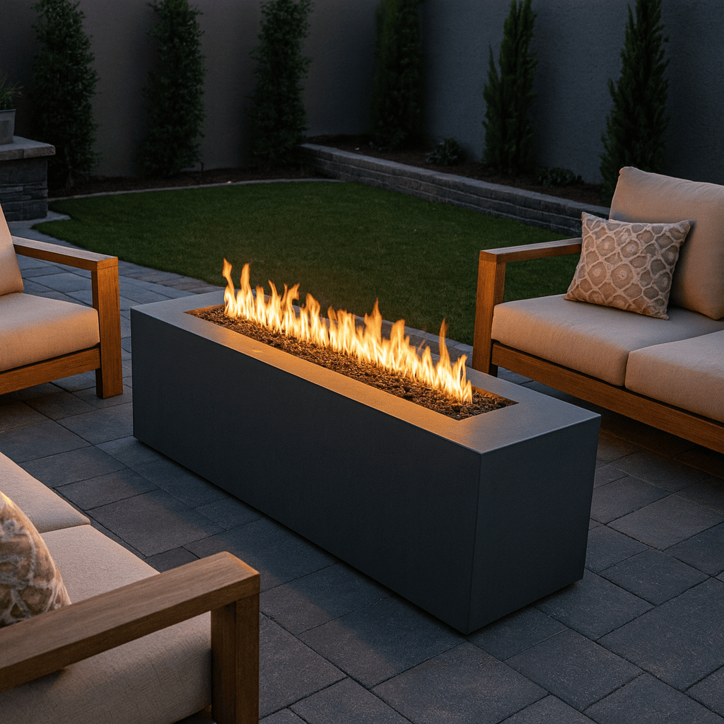 Outdoor patio setting with a 72″ Carmen Rectangle gas fire pit and seating area at night.