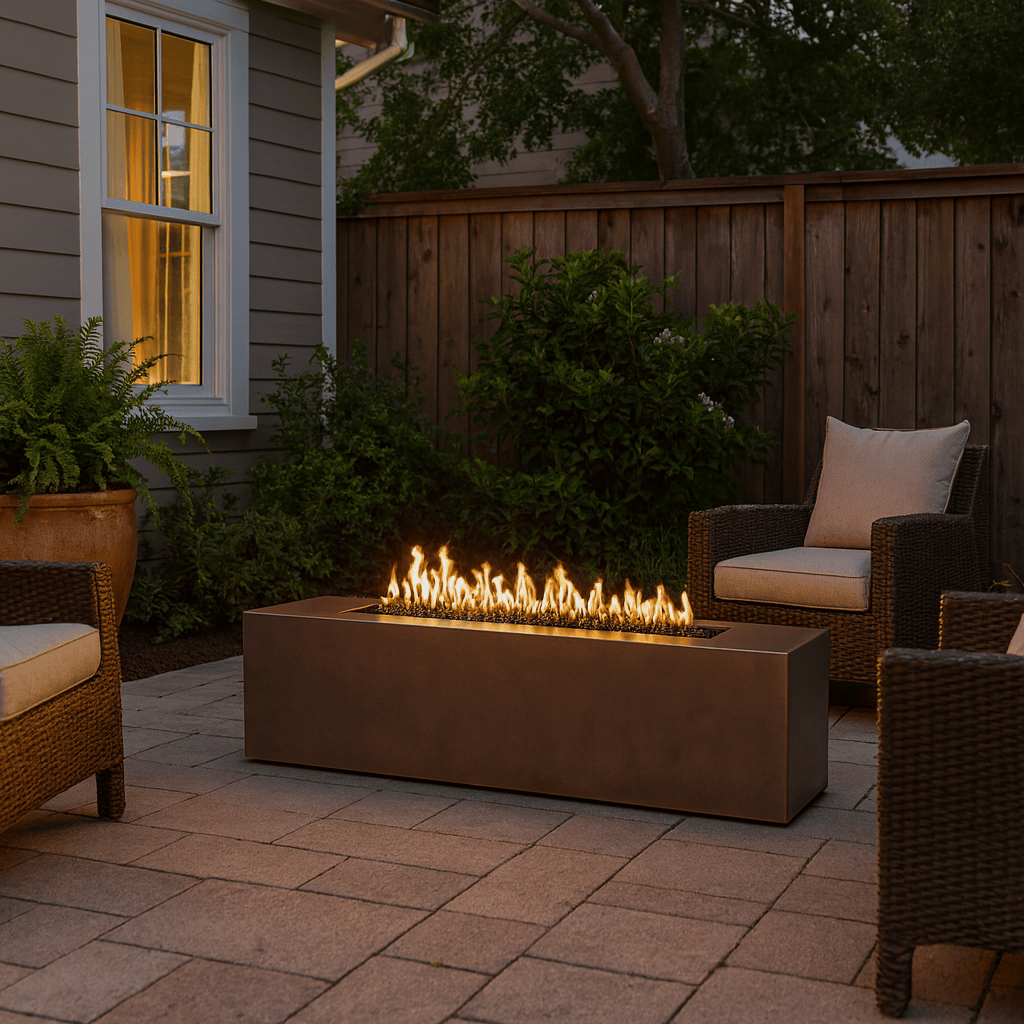 Outdoor patio with 72″ Carmen Rectangle Gas fire pit, chairs, and plants at dusk.