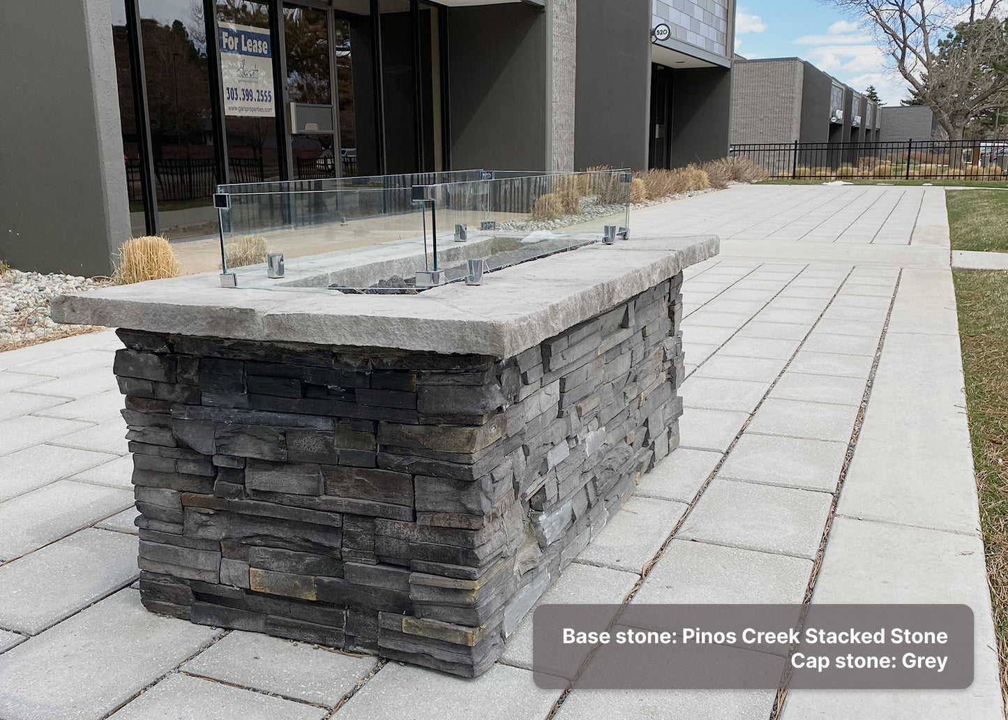 Custom Stone Gas Fire Pit with "Pinos Creek" ledgstone base & "grey" cap stones