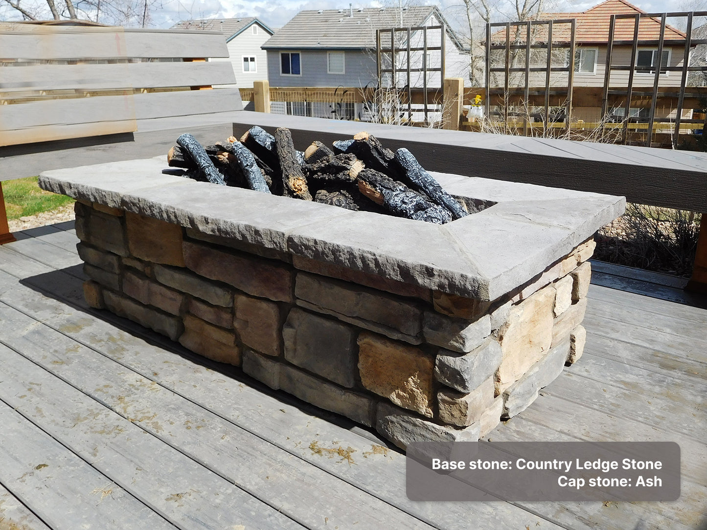 Rectangle custom stone gas fire pit with "Charred Campfire" llog set