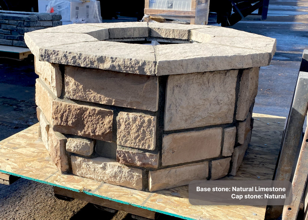 Custom stone fire pit with "Natural Limestone" base and "Natural" cap stones