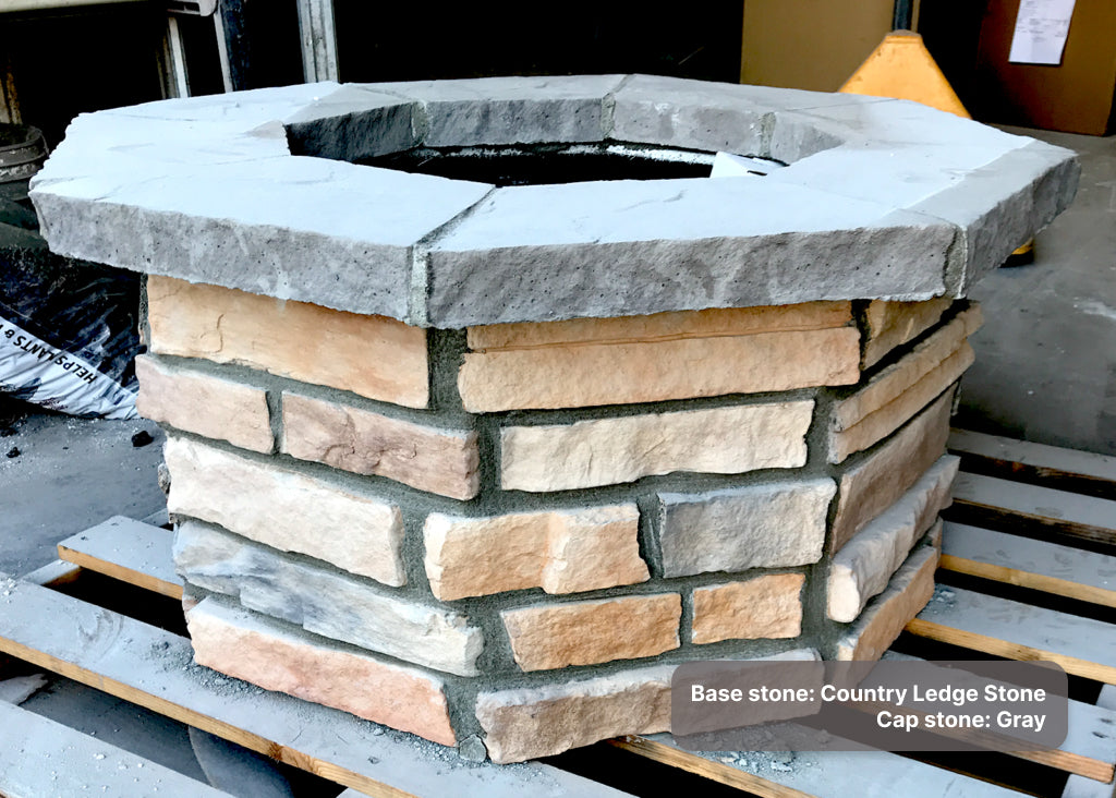 Custom gas fire pit with "Country" Ledge Stone base and "Gray" Cap