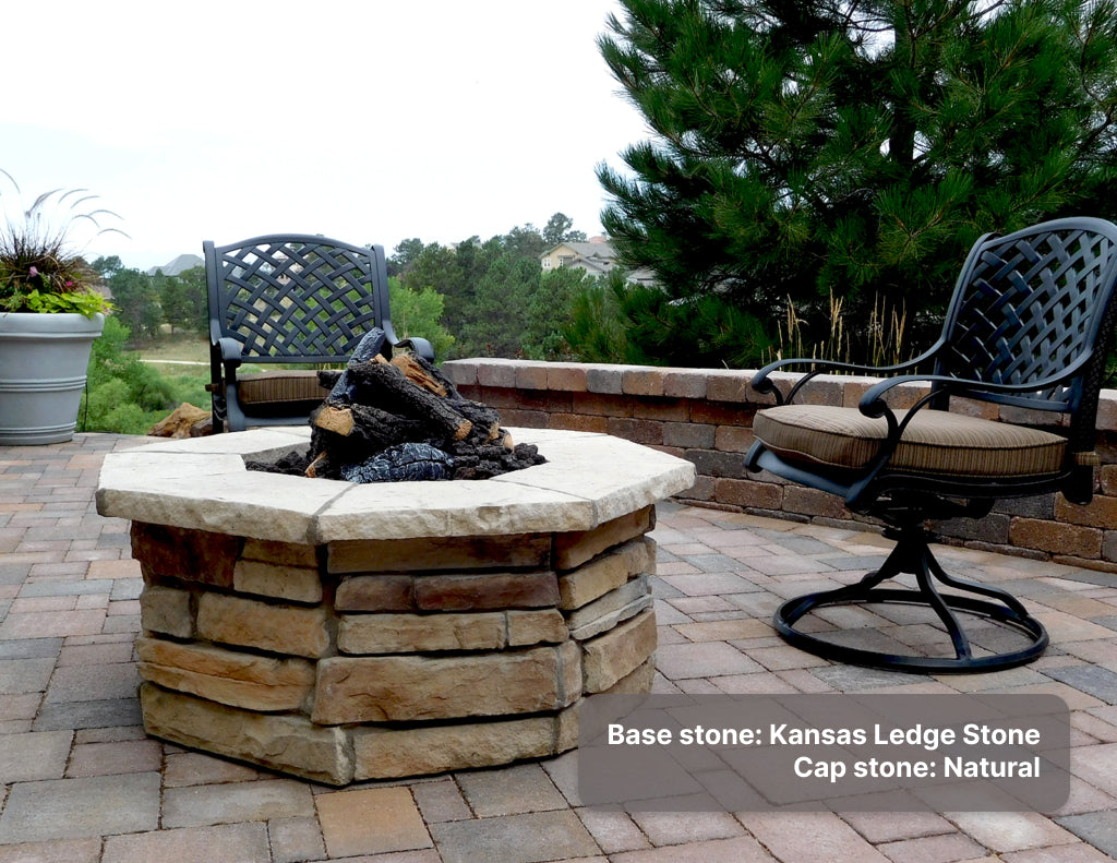 Custom stone fire pit with "Ledgestone Base" & "Natural" cap stones