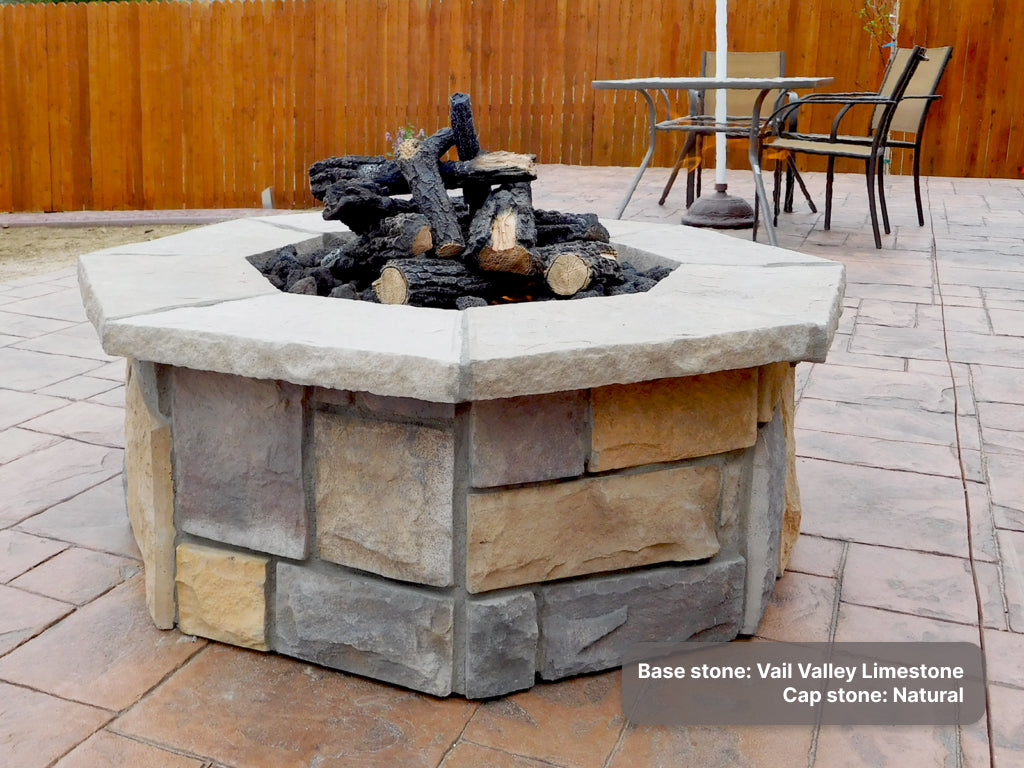 42" Octagon Custom Stone Fire Pit with "Vail Valley Limestone Base' and "Natural Cap Stones"