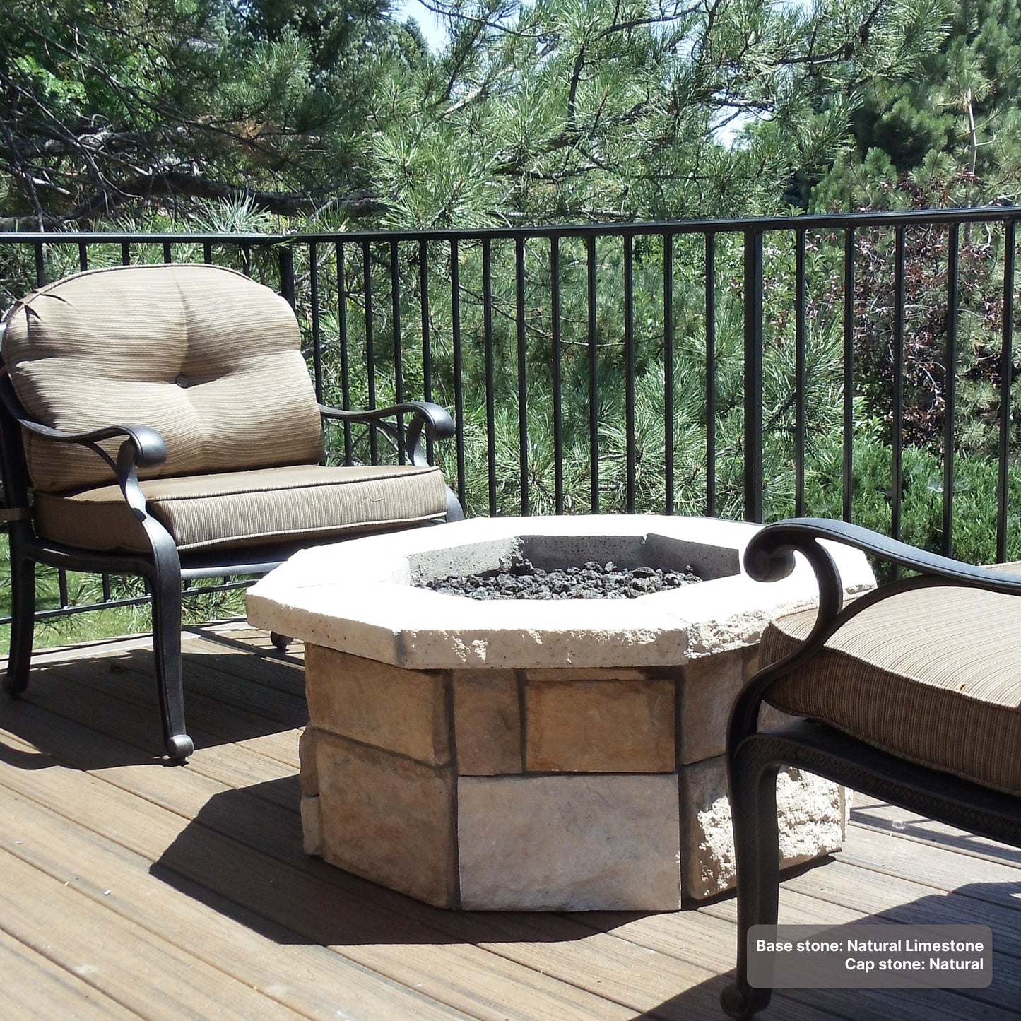 custom stone fire pit with"Natural Limestone" base and "Natural" cap stones