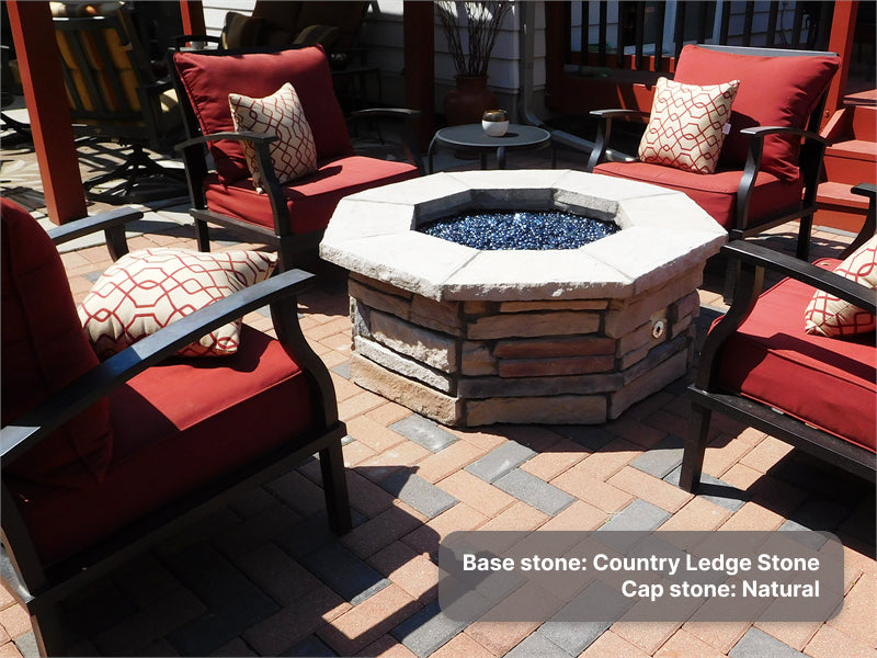 Custom stone fire pit with "Country Ledge" base & "Natural" cap stones