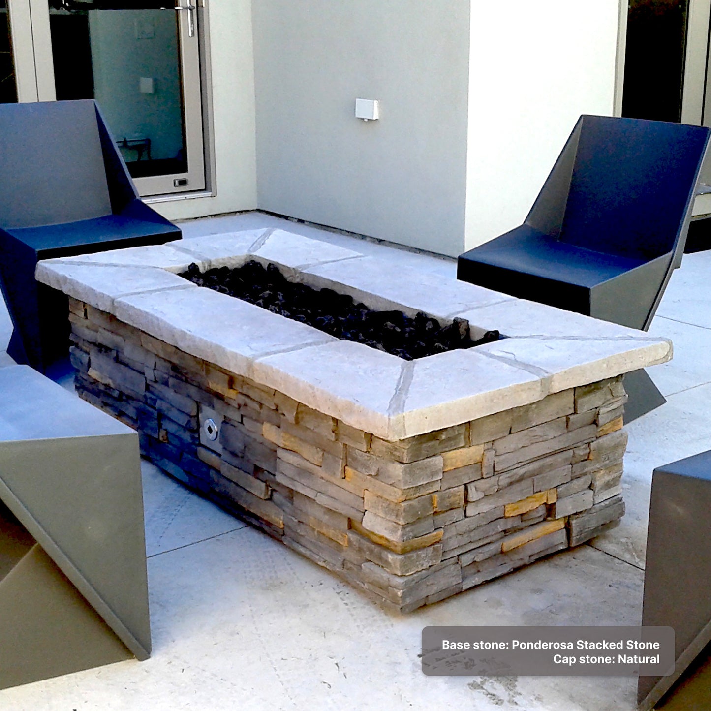 custom stone rectangle fire pit with"stacked stone" base & "natural" ap stones