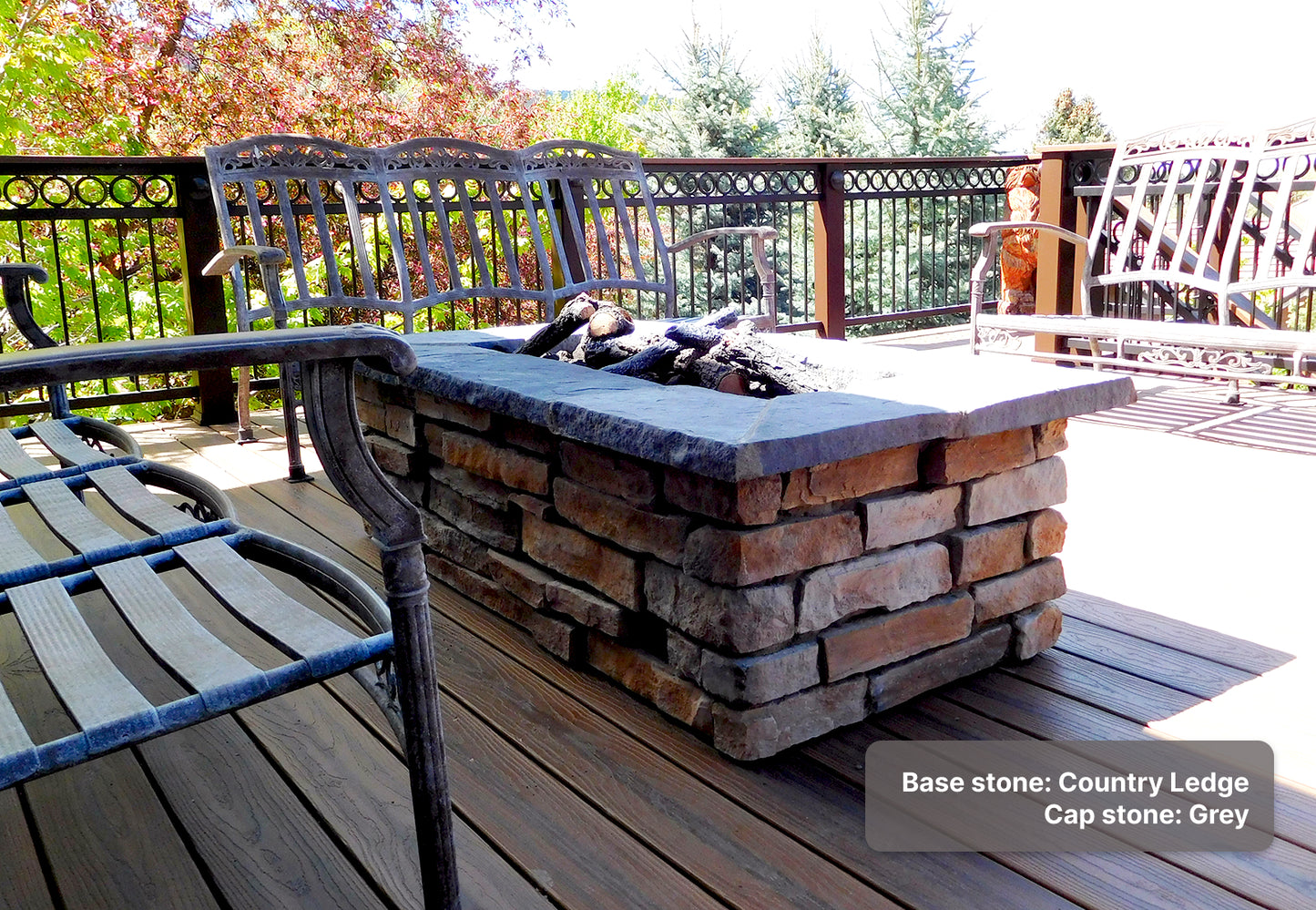 Custom stone fire pit with "Country Ledge" base & "Grey" cap stones