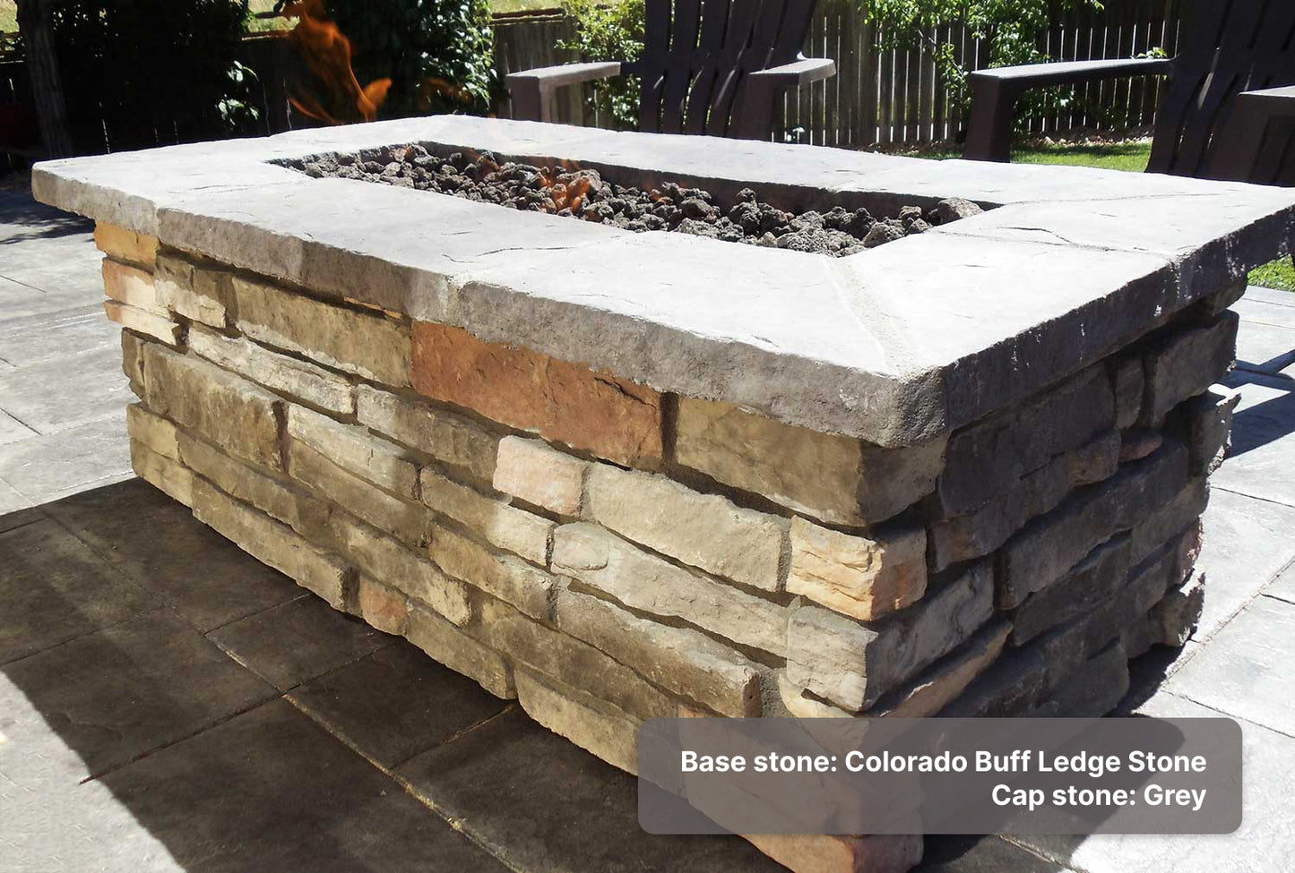 rECTANGLE CUSTOM STONE FIRE PIT WITH "LEDGESTONE" BASE AND "GREY" CAP STONES