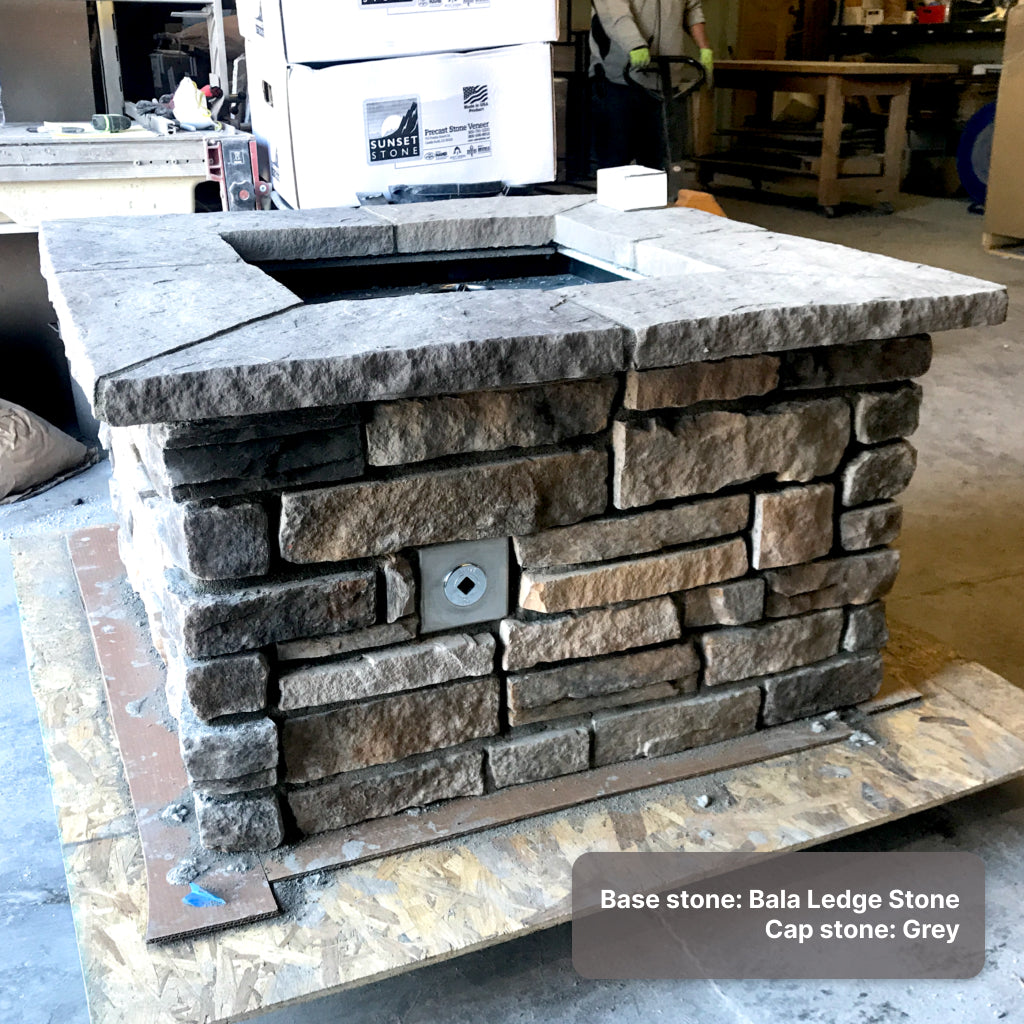 Custom Stone Gas Fire Pit with "Bala Ledge" base and "grey" cap stones