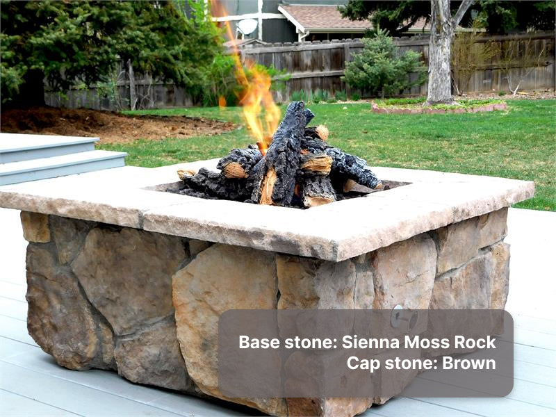 Custom stone fire pit with "Sienna" moss rock base and "Brown" cap stones