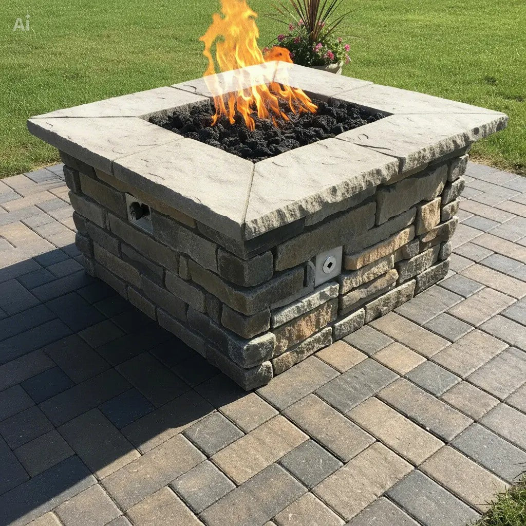 42" Square Custom Stone Gas Fire Pit