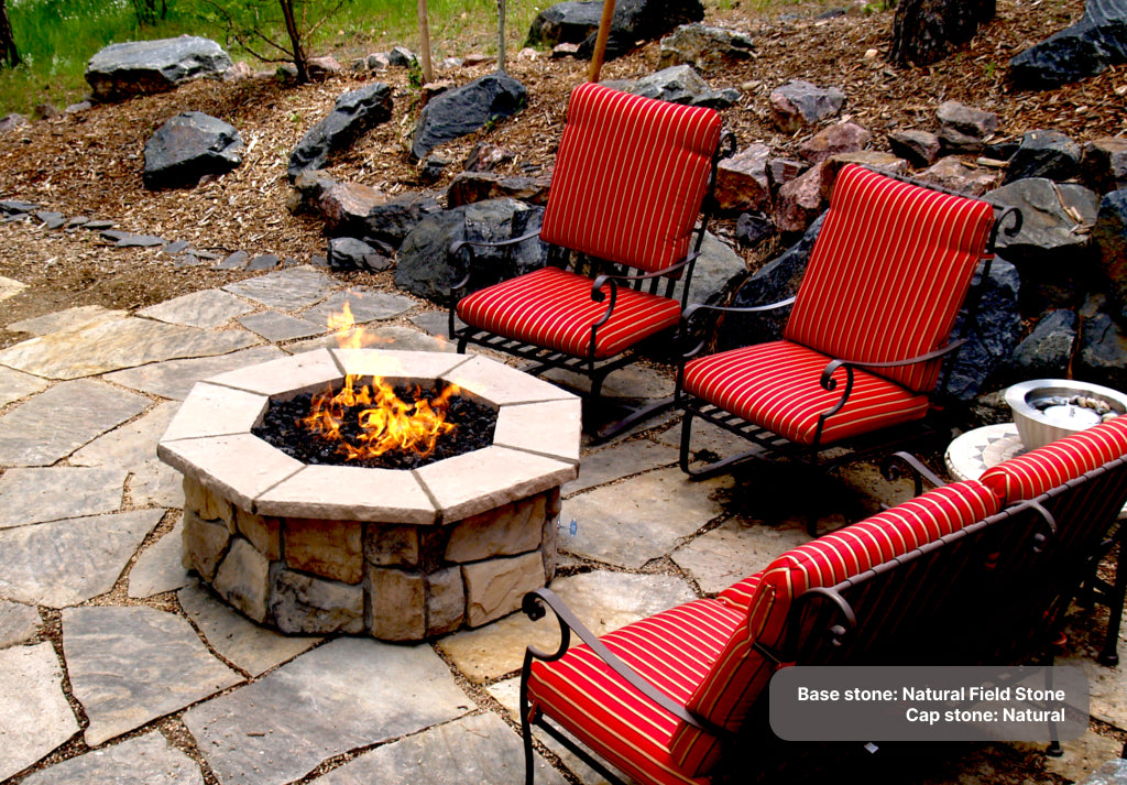 Custom stone fire pit with "Natural Fieldstone" base & "Natural" cap stones