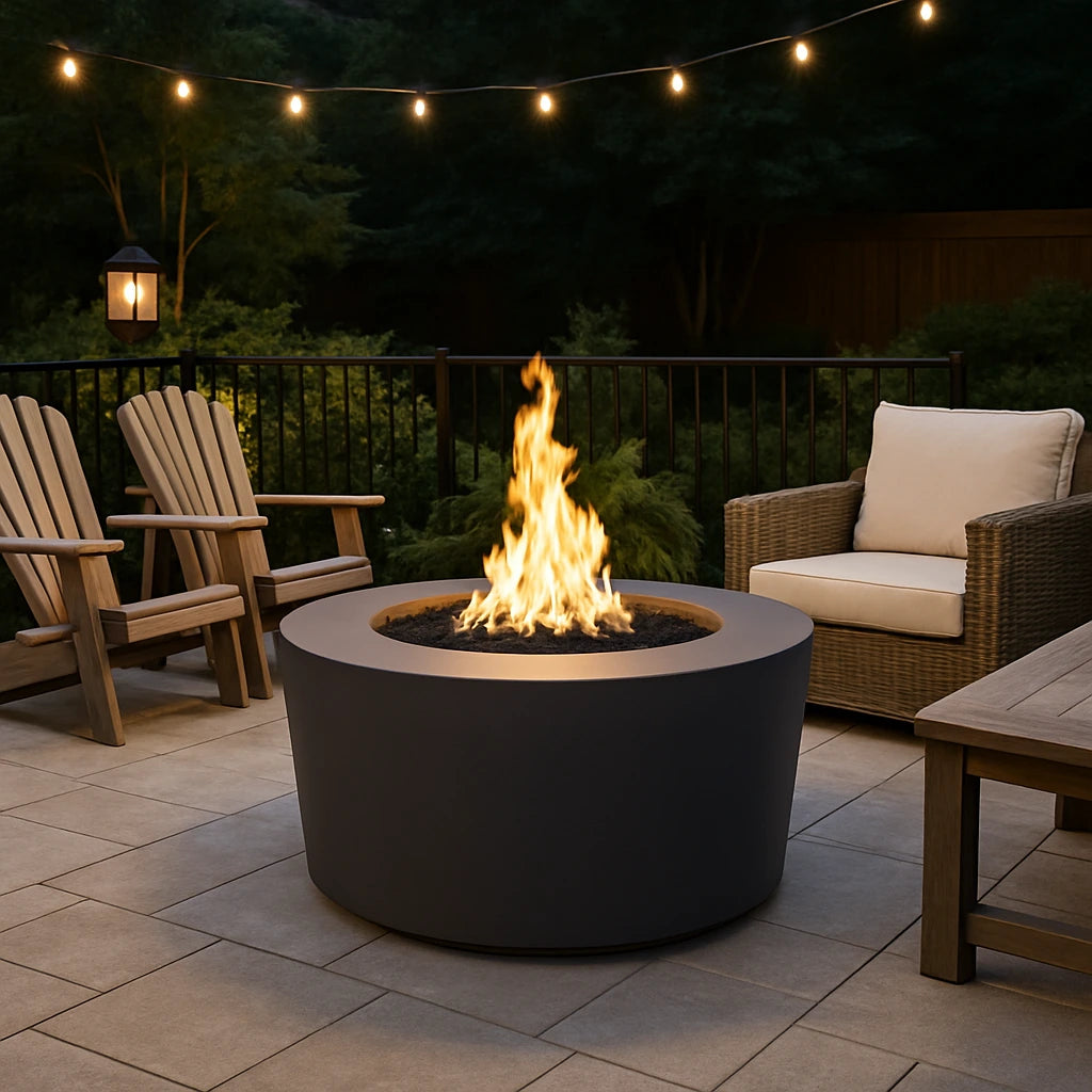 42" Florence Gas Fire Pit on a patio with chairs and string lights at night.