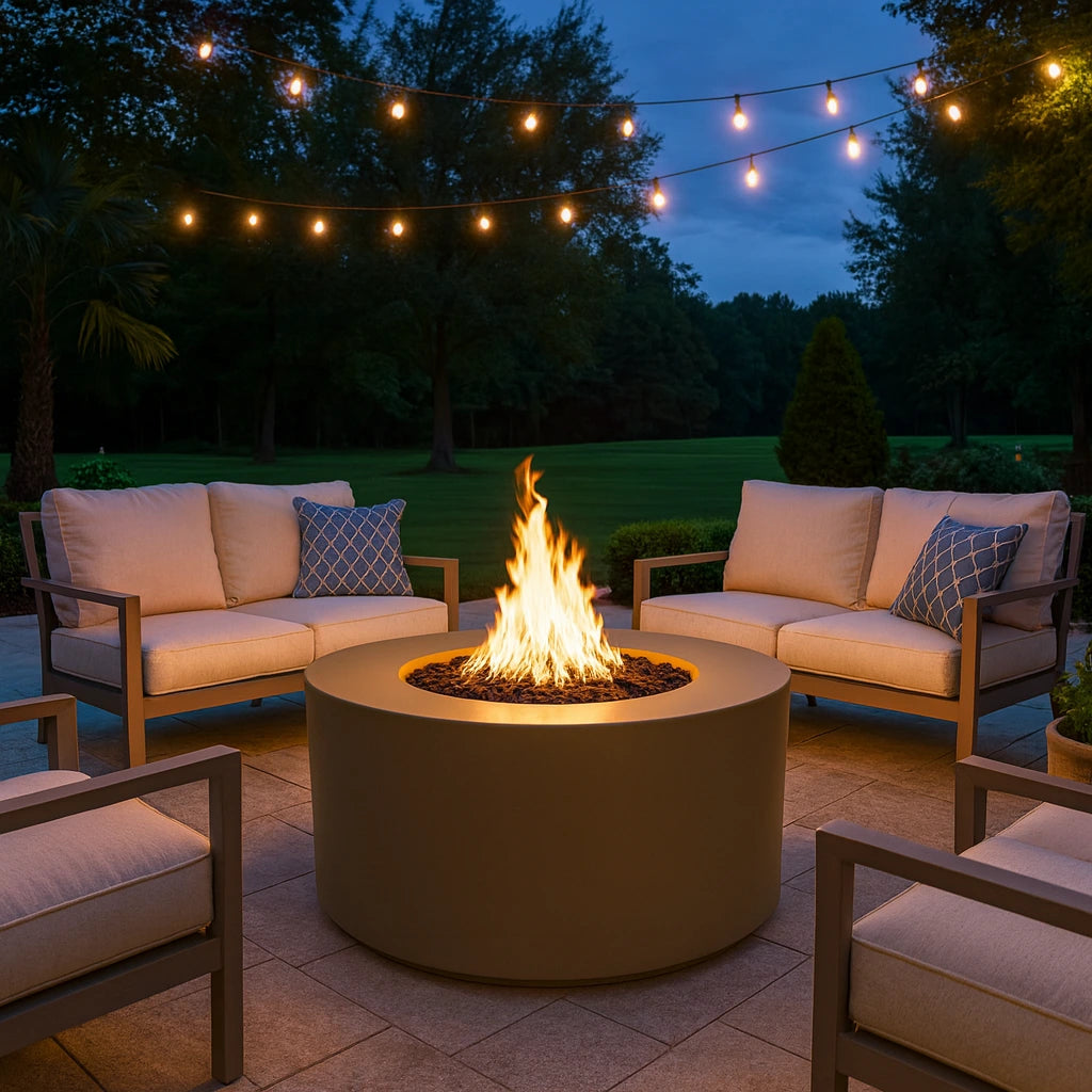 Outdoor patio with 42" Florence Gas fire pit table and seating area at night with string lights.