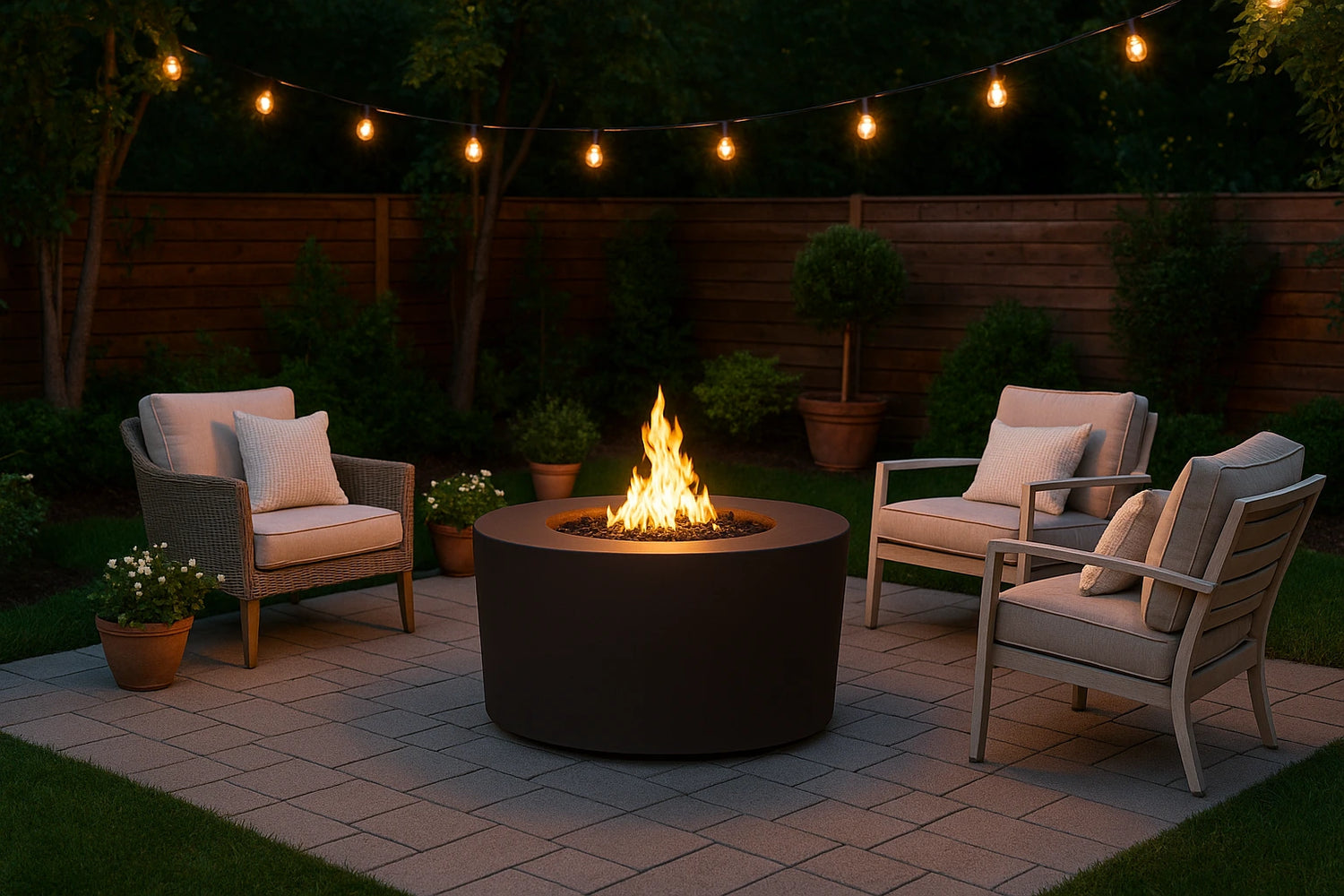 Outdoor patio with 42" Florence Gas fire pit, chairs, and string lights at night.