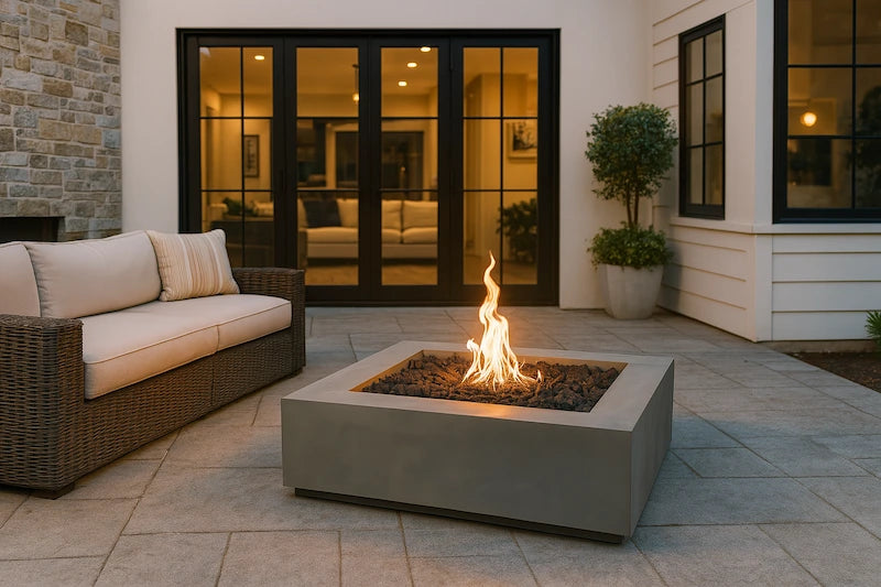 Outdoor patio with wicker sofa and Quad gas fire pit table with flames, stone wall, and sliding glass door in background.