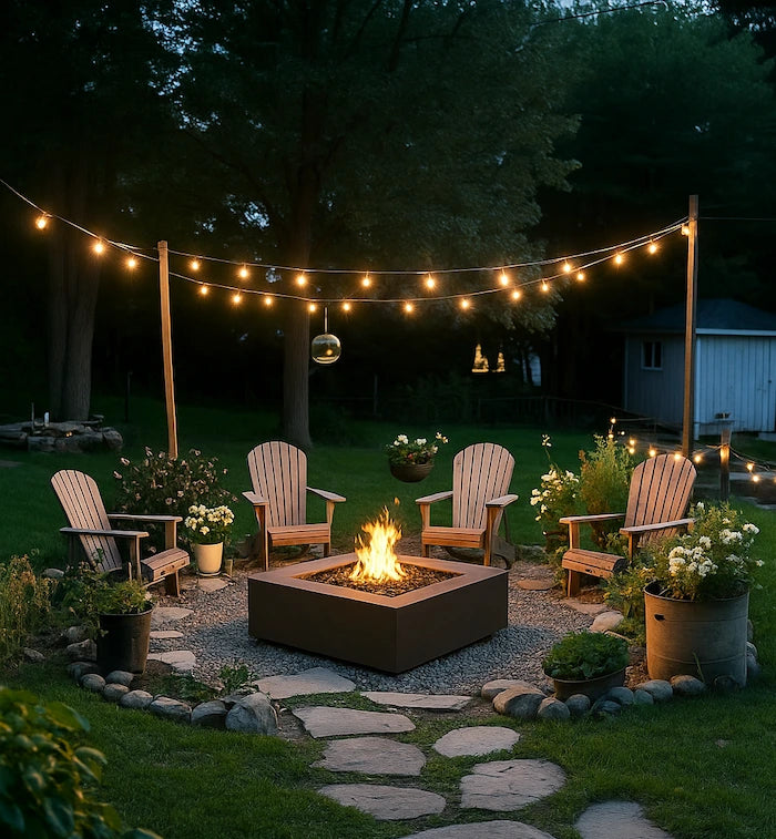 Backyard with Guad gas fire pit, string lights, and Adirondack chairs at night.