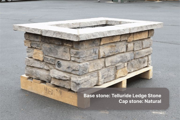 Custom stone rectangle fire pit with "telluride Ledge" bas & "Natural" cap stones