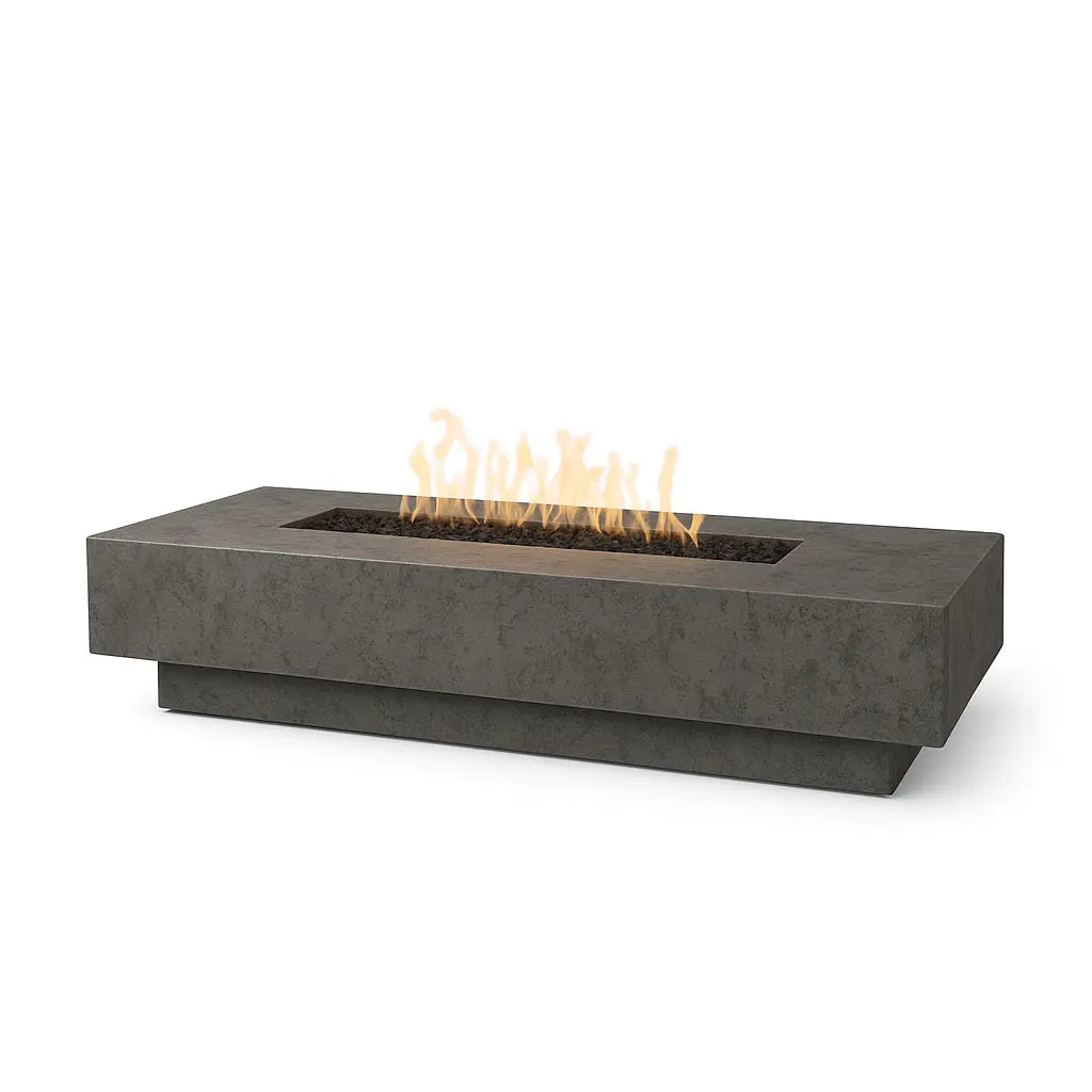 Cabo linear rectangular gas fire pit in rusticgray concrete finish.