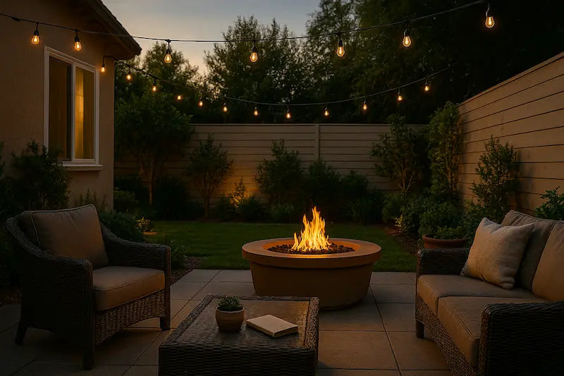 Backyard patio with Temp gas fire pit, string lights, and outdoor furniture at dusk.