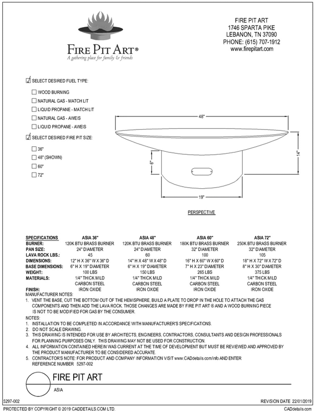 Asia 36″ Gas Fire Pit by Fire Pit Art