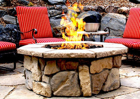 Custom stone fire pit with "Natural Fieldstone" base & "Natural" cap stones